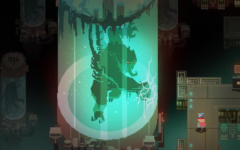 Large creature with red eyes inside a glowing cyan liquid stasis tank in a dark pixel art laboratory.