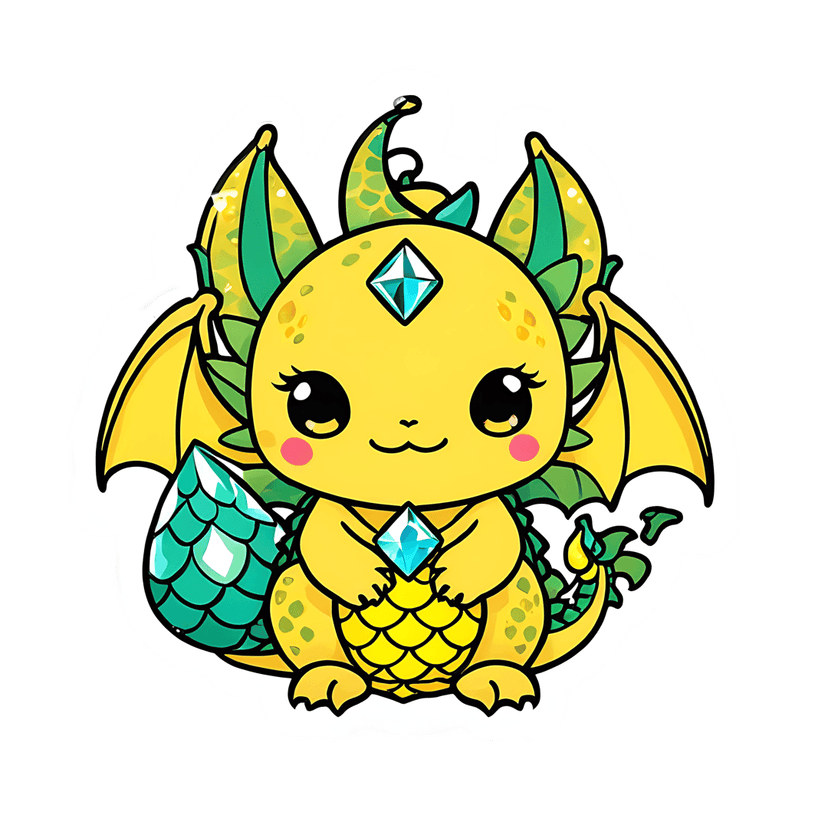 Yellow dragon diecut graphic with green wings and teal gems held in paws on a transparent background.