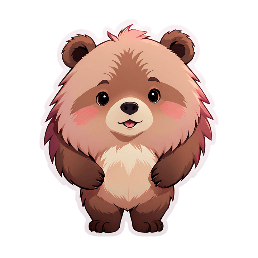 Brown bear sticker illustration featuring a front-facing grizzly with a beige chest and a white border.