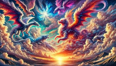 Mythical Dragons Gliding Through Fiery Sunset Skies