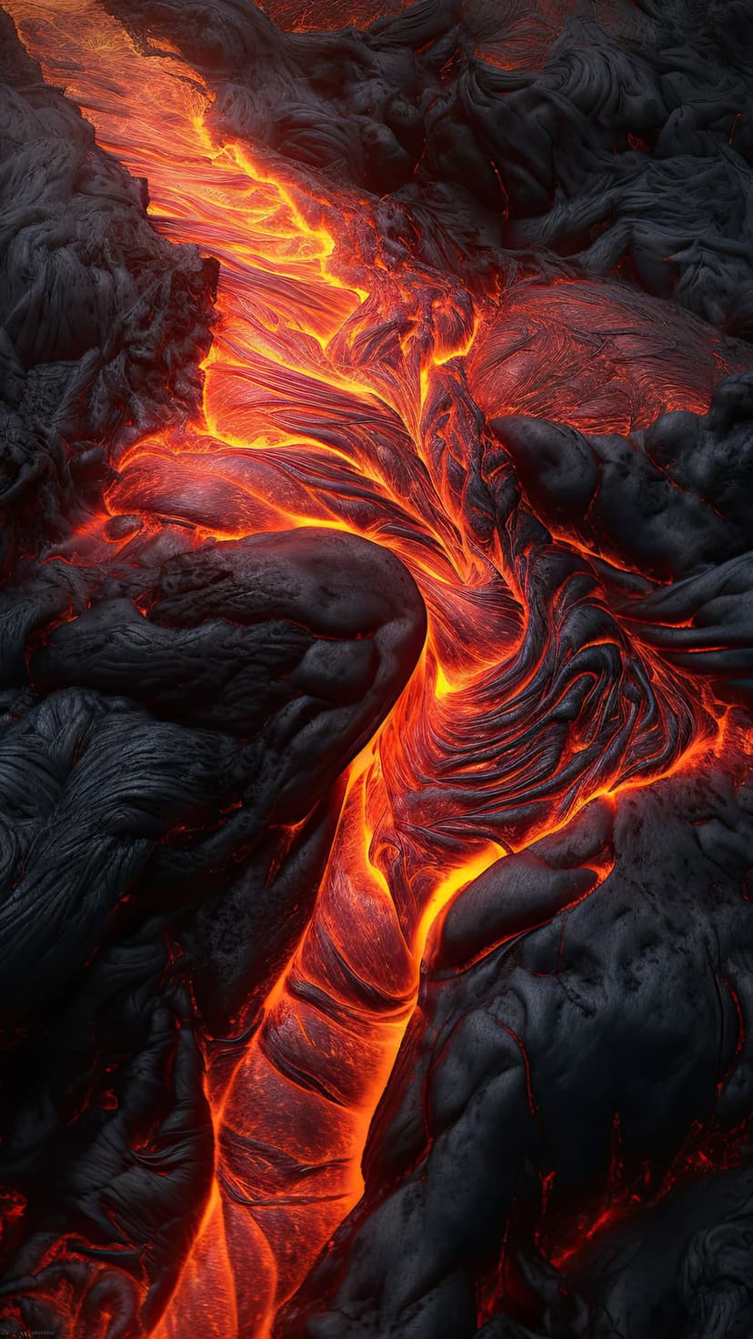 Molten lava flows through dark obsidian rock fissures with bright orange light and cooling black volcanic stone.