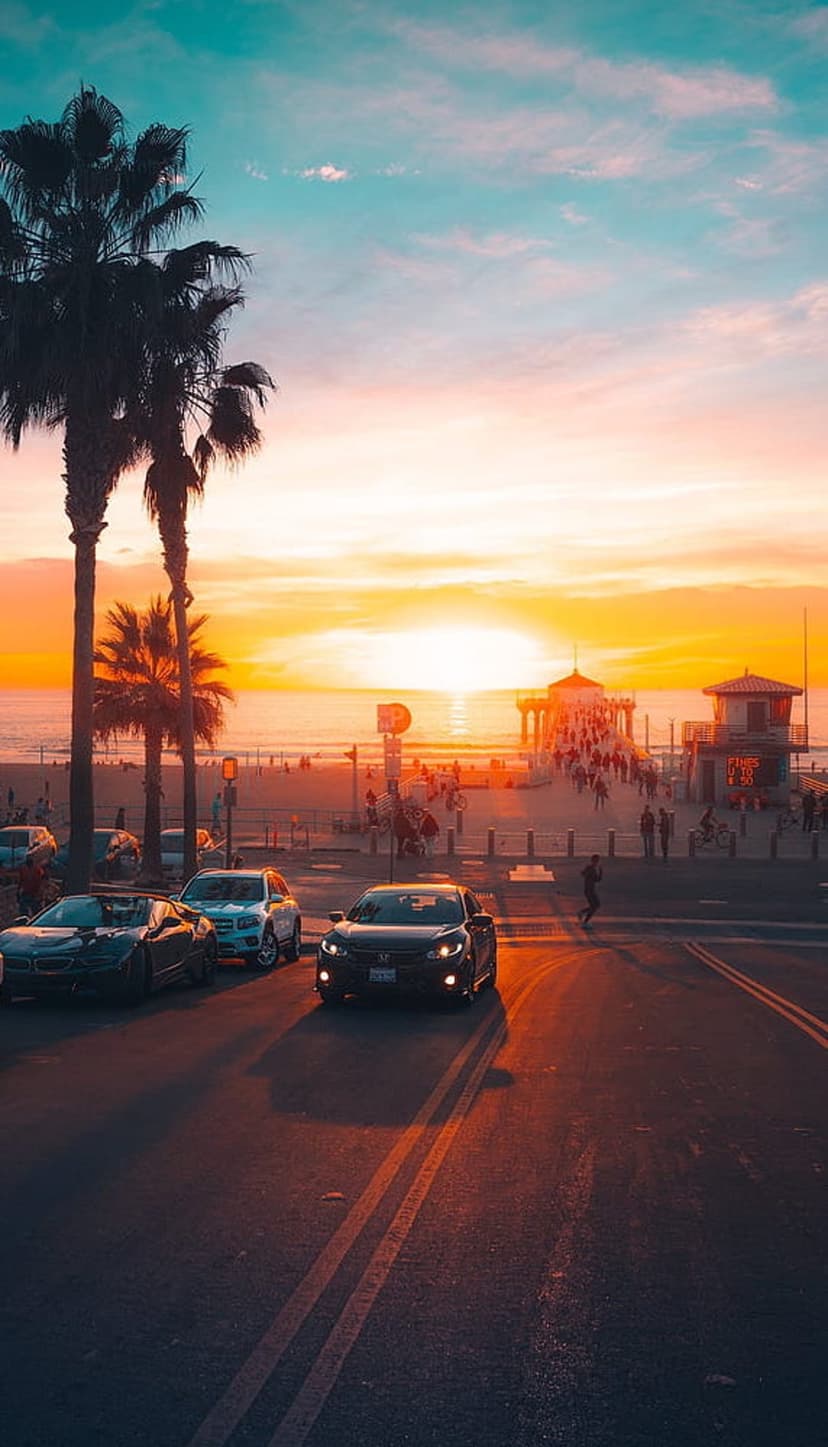 Dark palm trees and a busy coastal road lead toward a glowing beach pier during a vibrant orange sunset.
