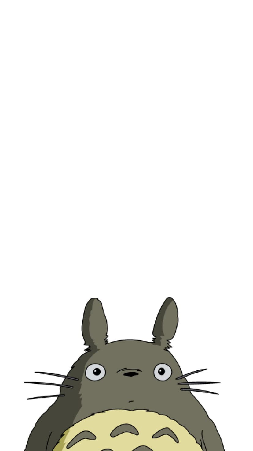 Totoro peeks from the bottom edge with wide eyes and grey fur against a solid white portrait background.