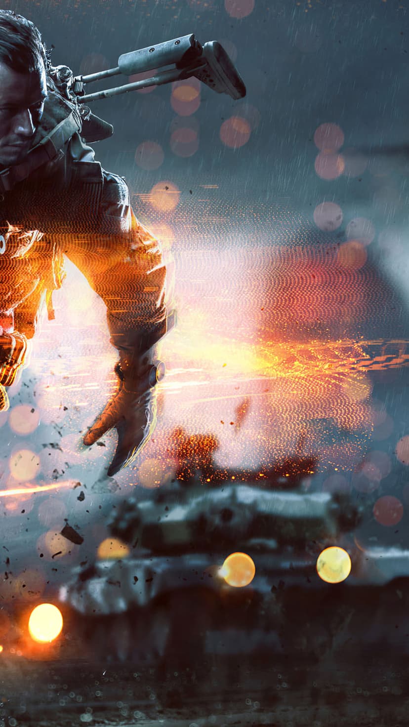 Soldier clutching a rifle leaps through the air as a massive tank explodes amidst rain and debris.