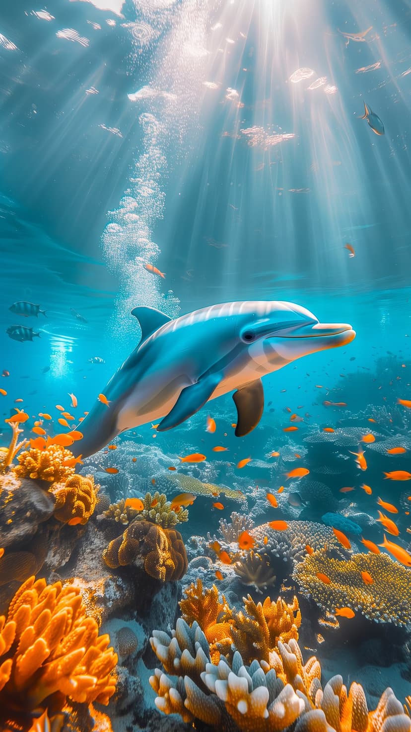 Dolphin swimming past orange fish and sun-drenched corals in a vibrant tropical ocean scene with light rays.