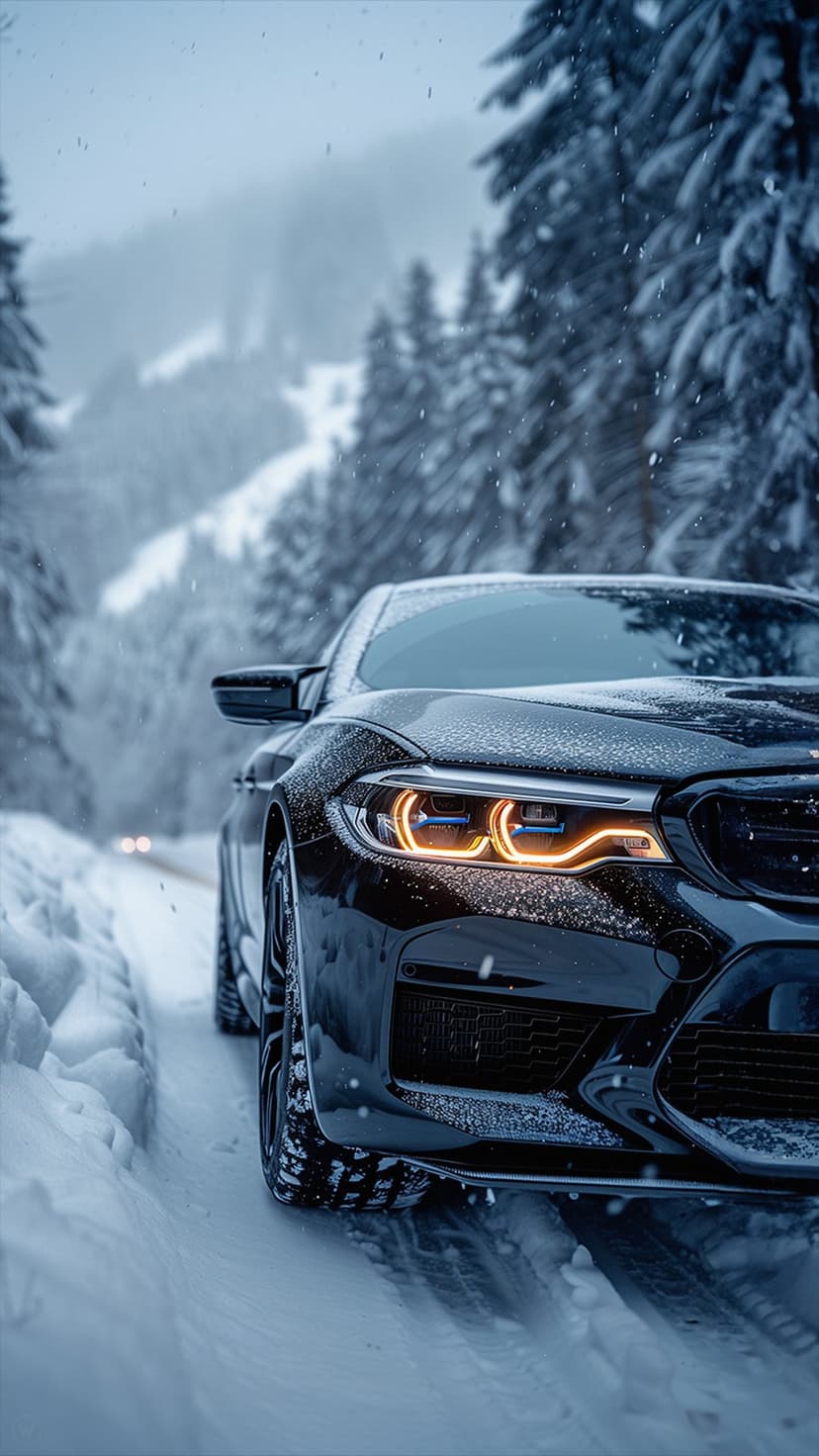 Black BMW M5 with glowing headlights driving on a snow-covered road through a dense, foggy winter forest.