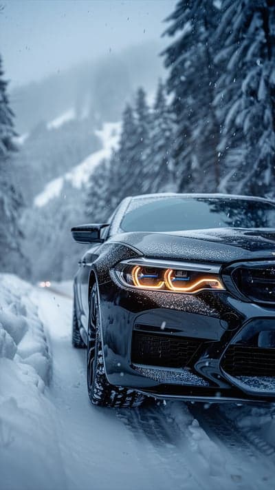 Black BMW M5 Winter Forest Scene for Phone and Tablet