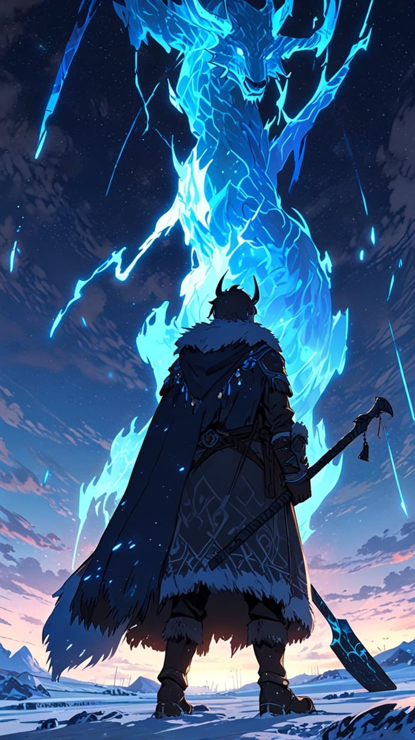 Cloaked warrior with a glowing axe faces a massive blue energy dragon in a snowy mountain valley at twilight.