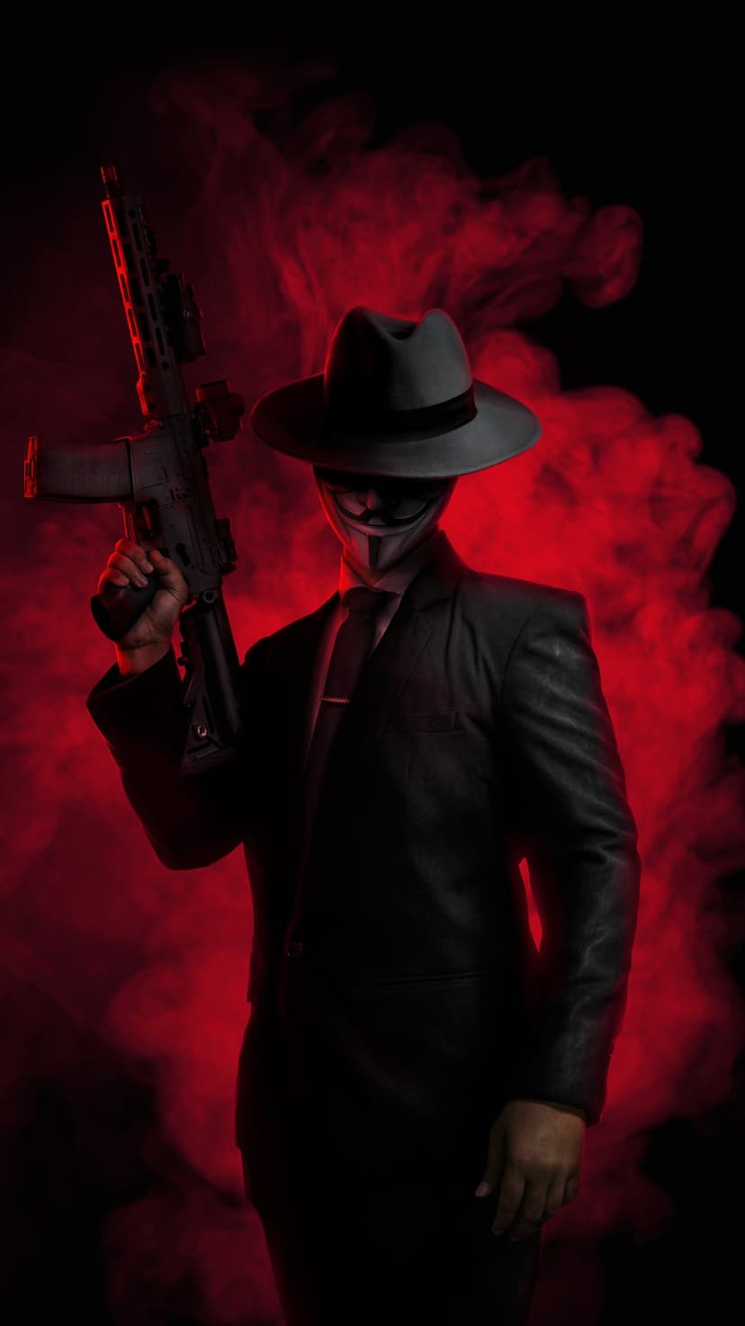 Suited man in a Guy Fawkes mask holding a rifle against a backdrop of thick crimson smoke and dark shadows.
