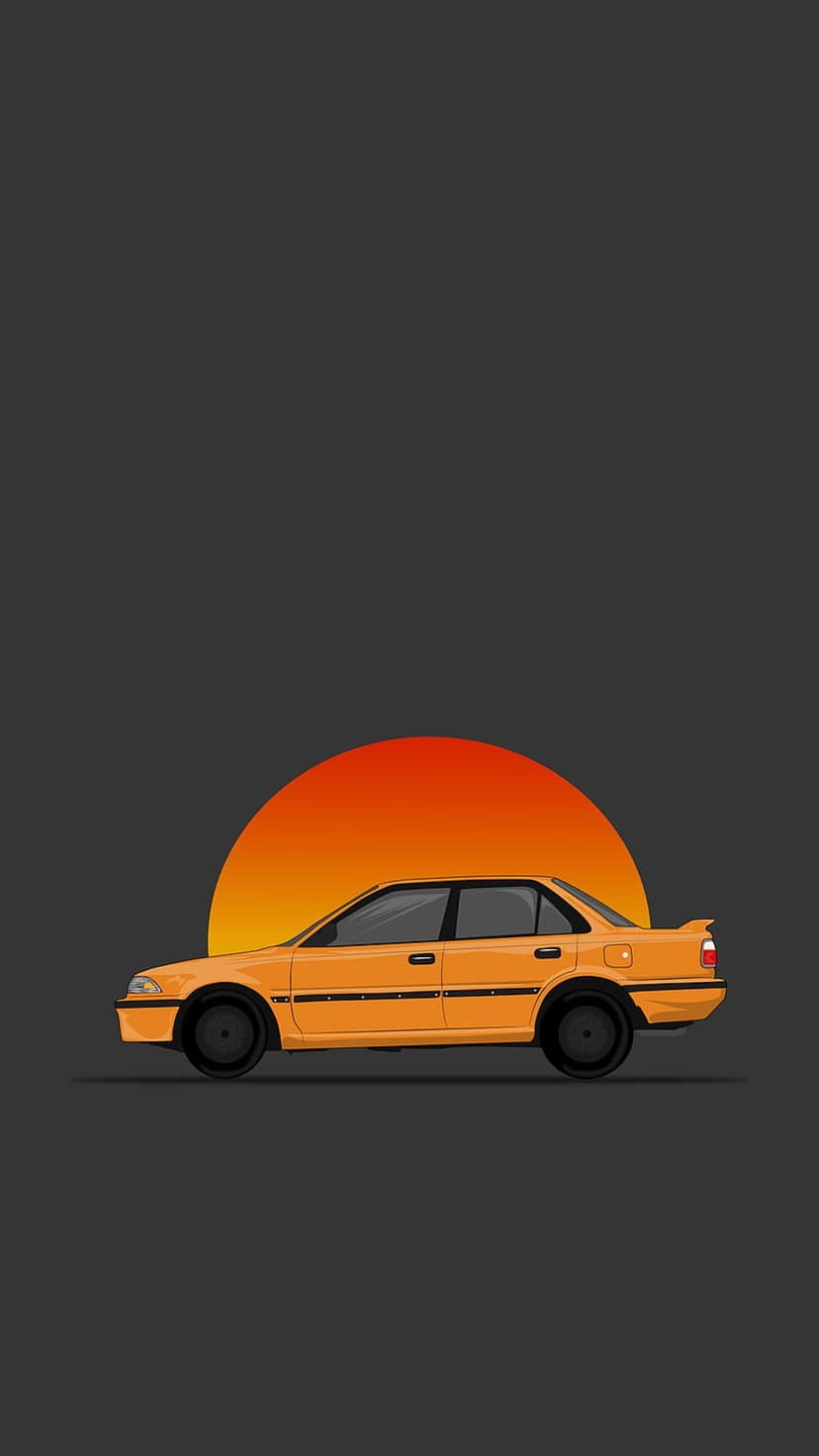 Orange sedan silhouette with black wheels parked against a vibrant orange and yellow sunset sky gradient.