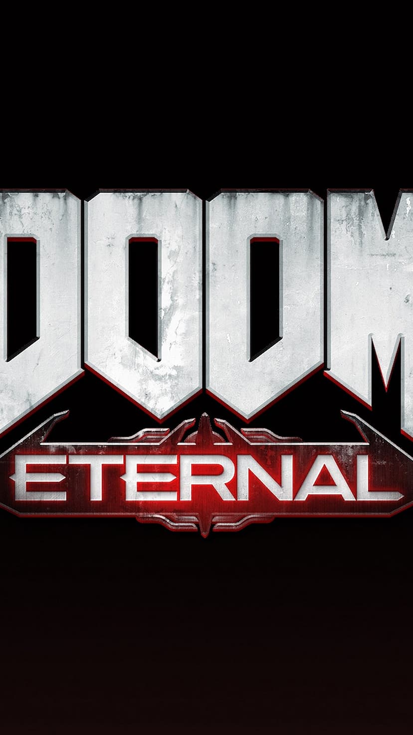 Doom Eternal game logo features stone-textured white letters above a glowing red metallic banner on black.