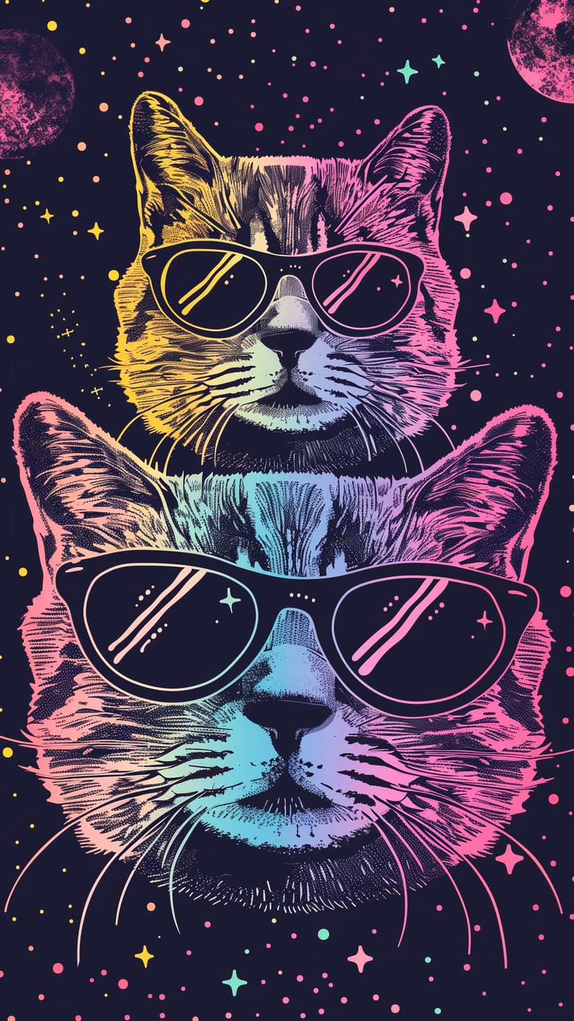 Two cats wearing sunglasses with neon pink and blue fur patterns set against a dark starry galaxy background.