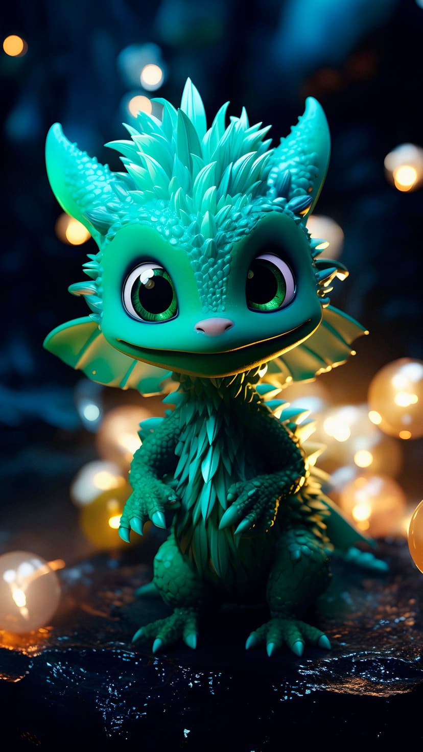 Green baby dragon with large emerald eyes and shimmering scales sits against a dark background with golden bokeh.