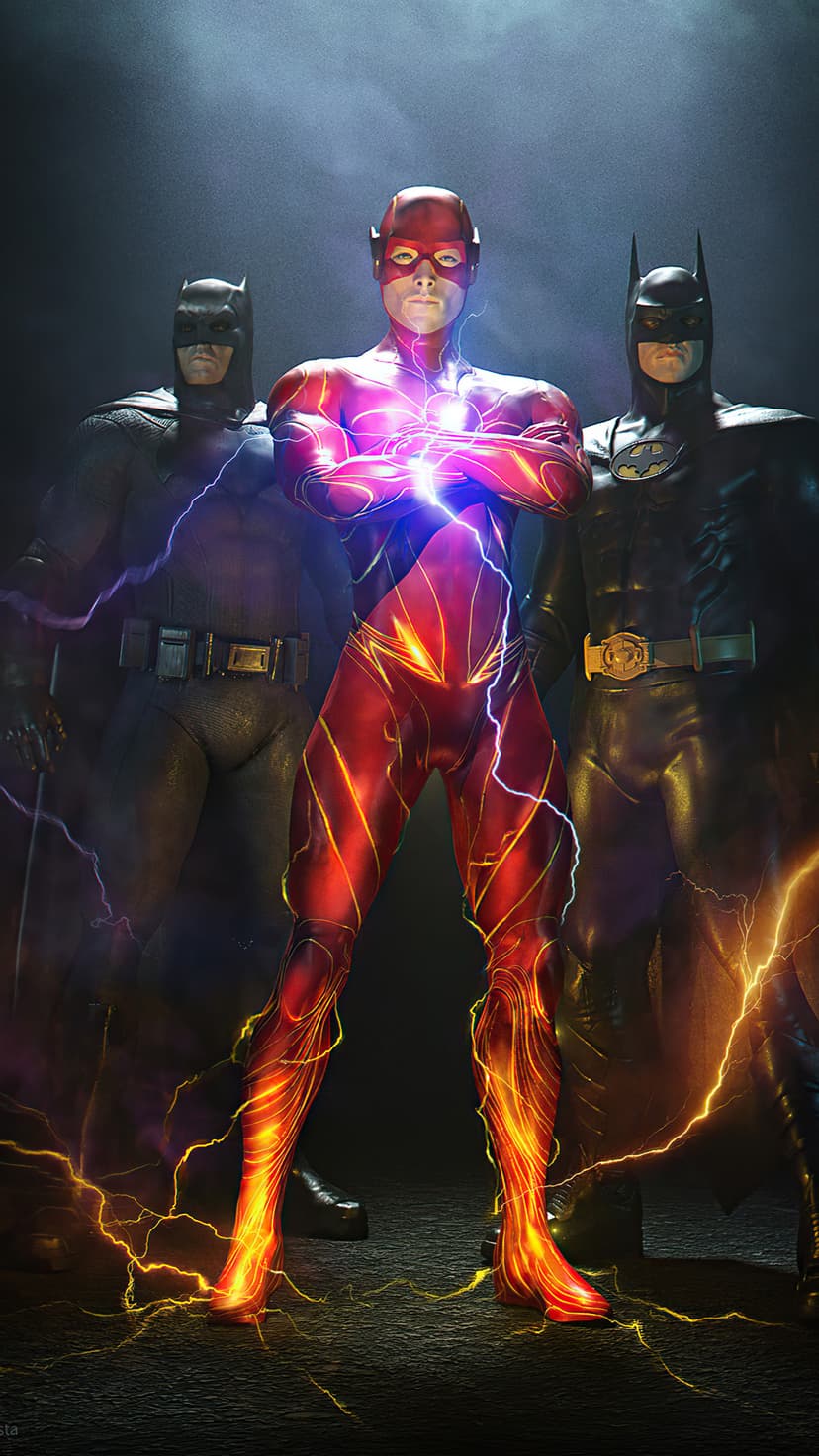 The Flash stands amidst crackling yellow lightning between two distinct versions of Batman in dark armor.