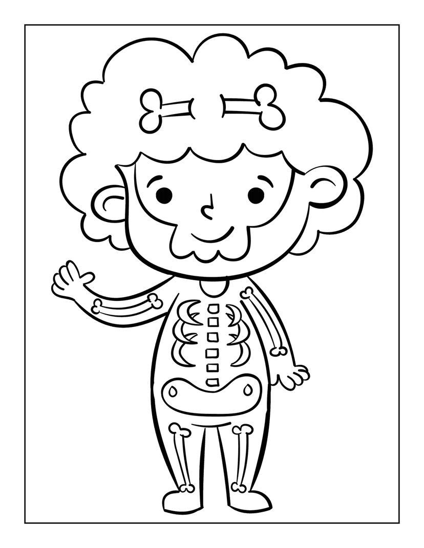 Cartoon skeleton boy line art coloring page with thick black outlines and a smiling skull on white background.