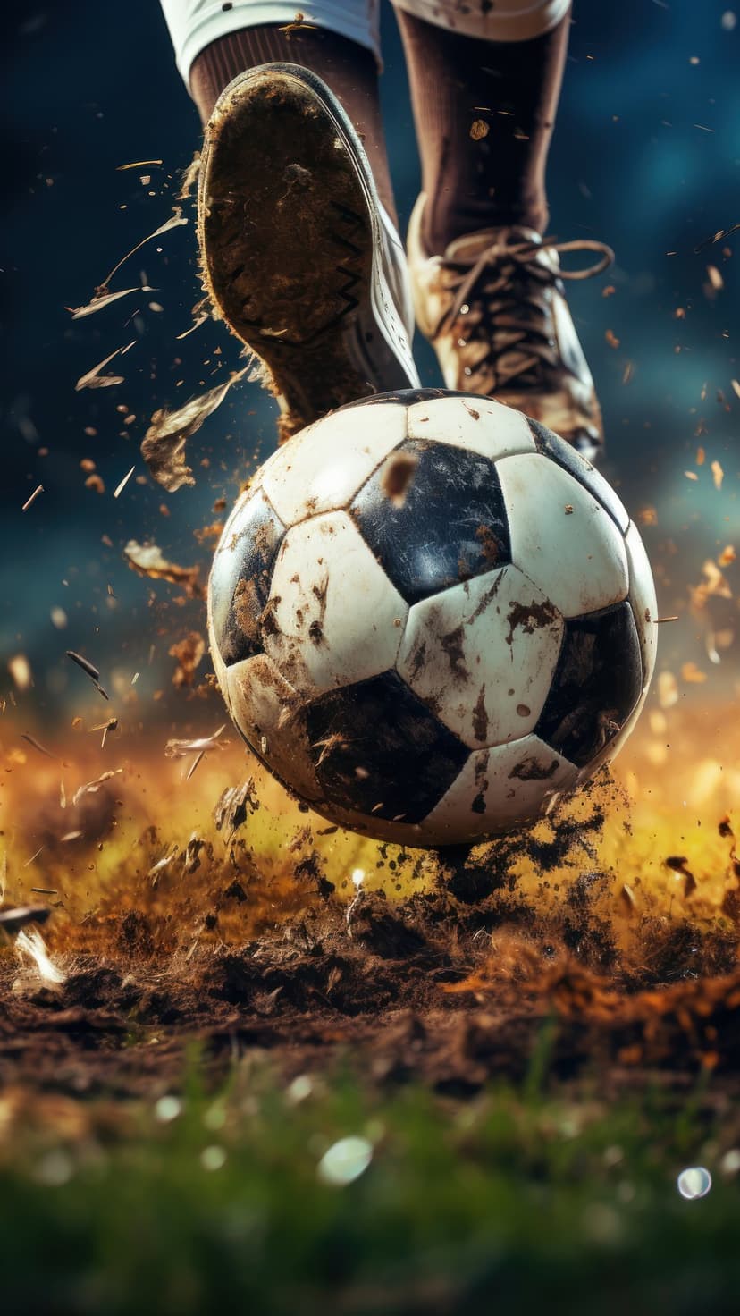 Soccer ball impact with flying mud and grass debris captured in a low-angle close-up during a football game.