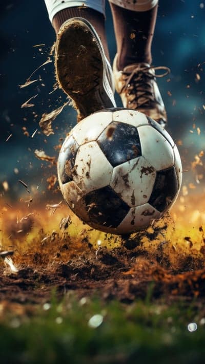 Soccer ball in motion, dirt flying, close-up action shot