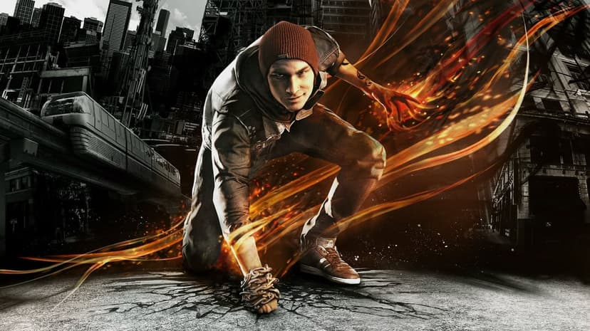 Delsin Rowe in a red beanie crouches on cracked pavement as orange energy swirls in a dark urban city.