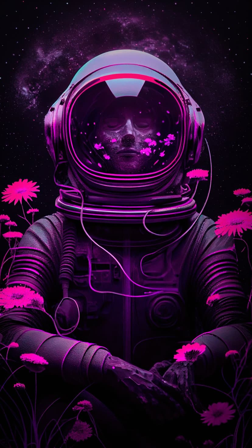 Astronaut in a glowing suit stands among pink flowers with a starry nebula reflected in the glass helmet visor.