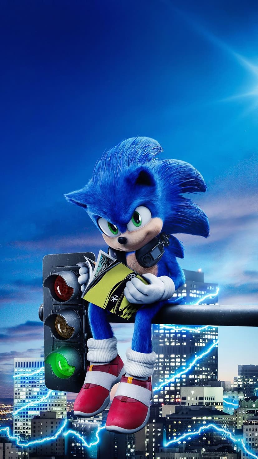 Sonic the Hedgehog sits on a traffic light reading a book with lightning strikes in a dark urban background.