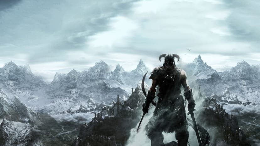 Dragonborn warrior in iron armor dual wielding swords amidst snowy mountains and ancient stone ruins.