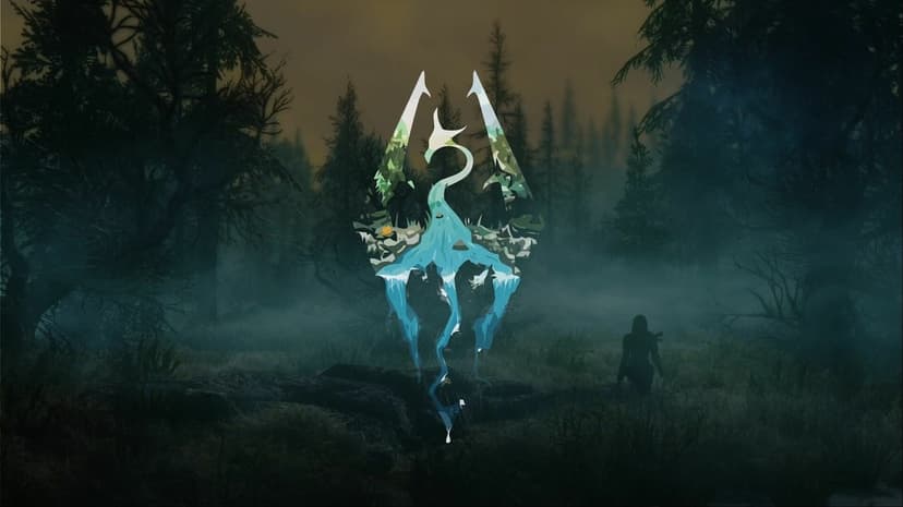 Stylized dragon emblem filled with waterfalls over a dark misty forest with a lone archer silhouette.