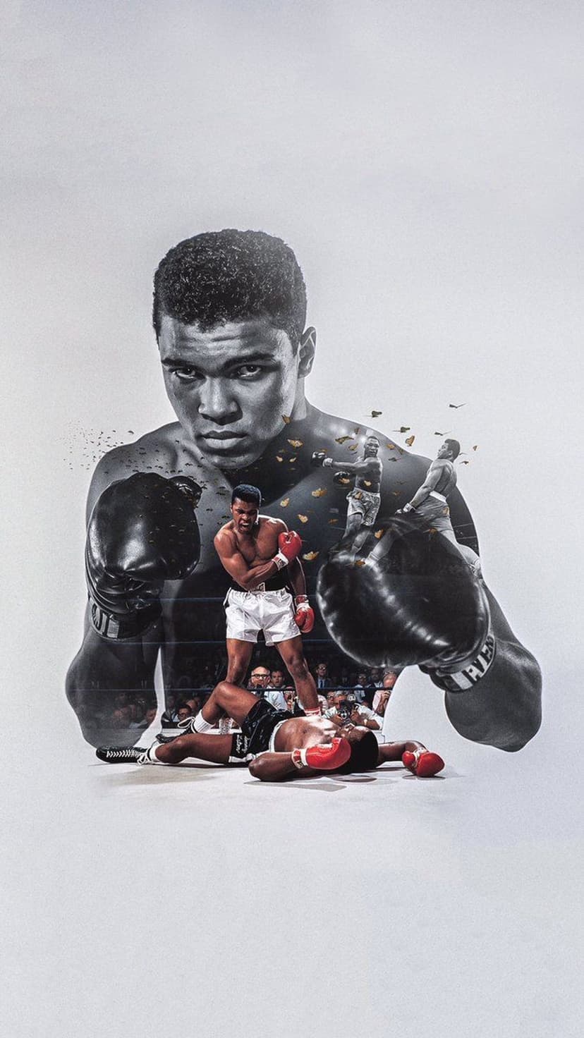 Muhammad Ali's face in a silhouette containing smaller images of him boxing and standing over a fallen opponent.