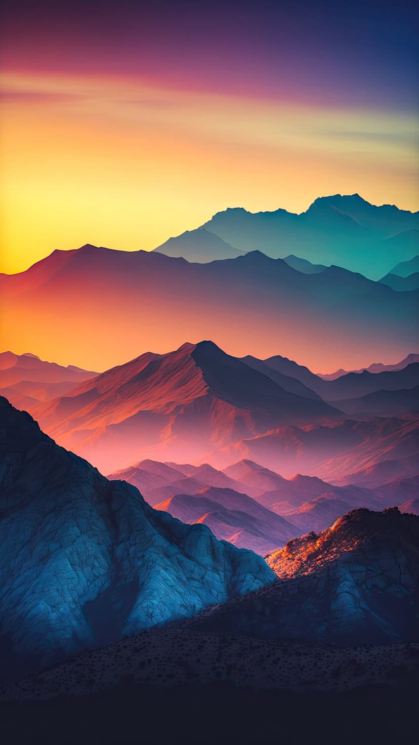 Jagged mountain peaks layered in orange and purple light under a glowing sunrise sky in a vertical vista.
