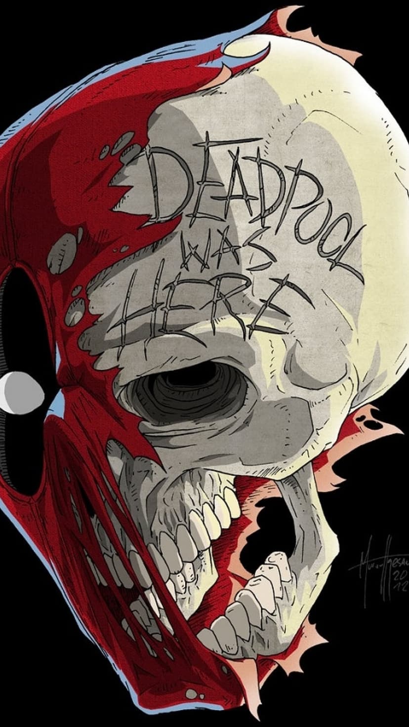 Deadpool skull with a peeling red mask and scrawled text reading Deadpool Was Here on the white bone surface.