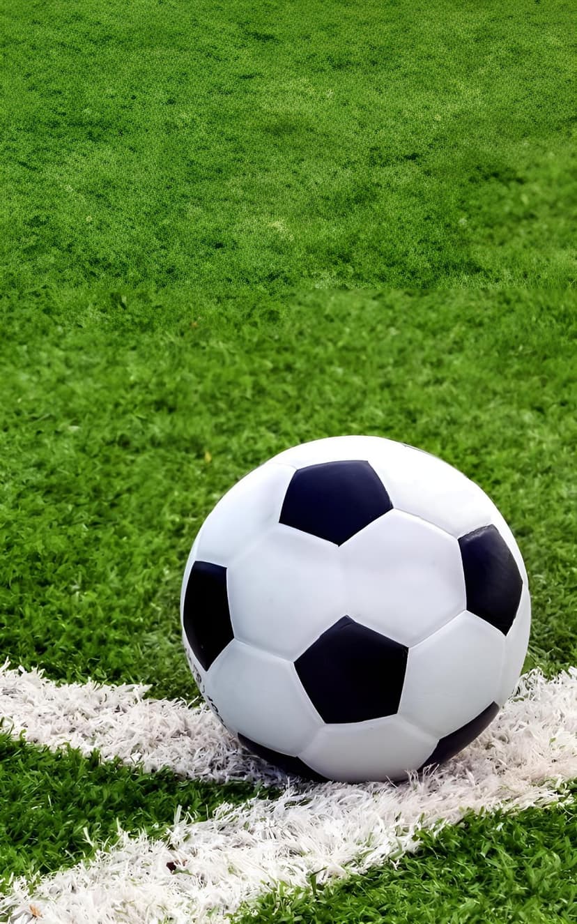 Soccer ball on a white boundary line over lush green grass in a vertical orientation for mobile displays.