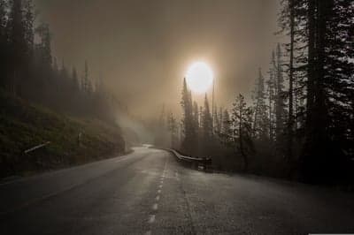 Misty Mountain Road at Sunrise with Sunburst