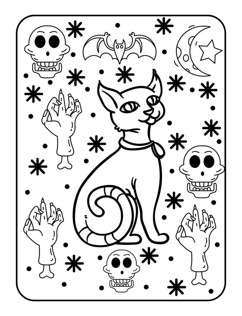 Halloween cat coloring page featuring a sitting kitten, crescent moon, bats, and skulls in black line art.