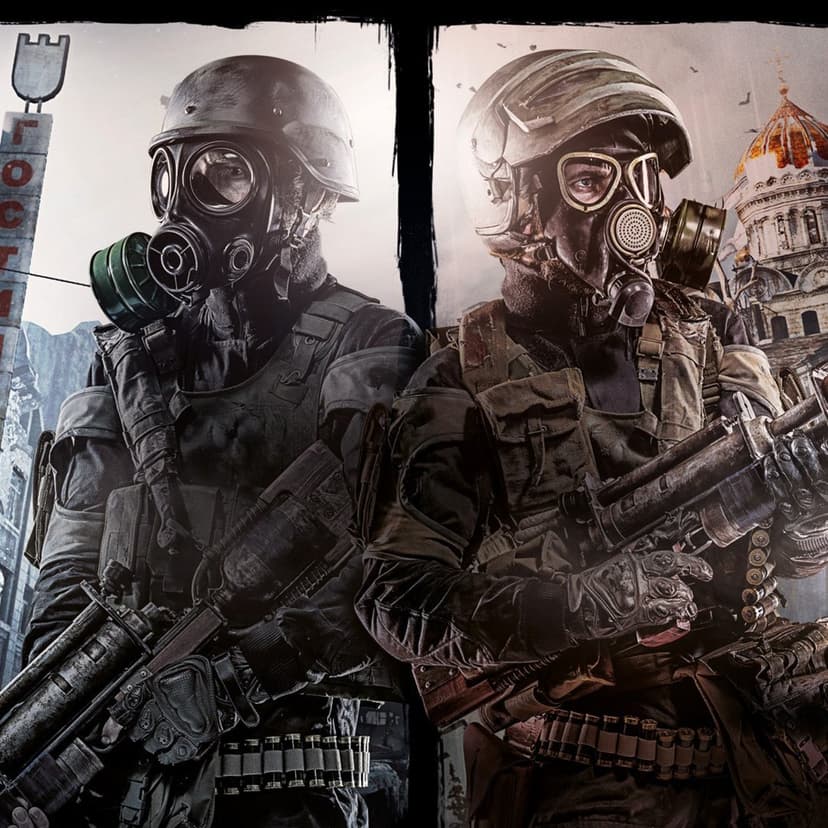 Two soldiers wearing gas masks and helmets stand back-to-back in a ruined city with a golden-domed church.