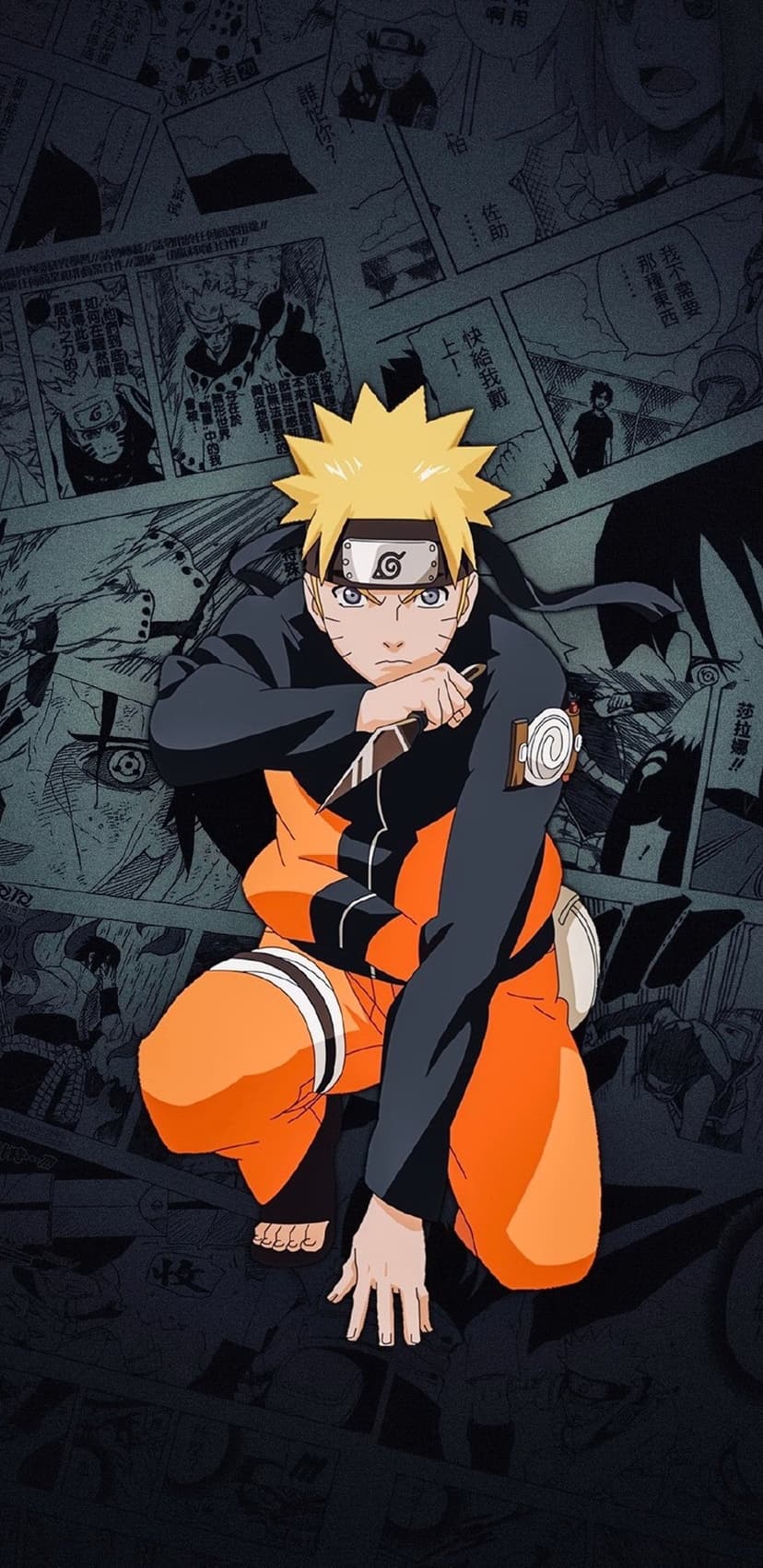 Naruto Uzumaki crouches with a kunai knife over a background of black and white manga panels in orange gear.