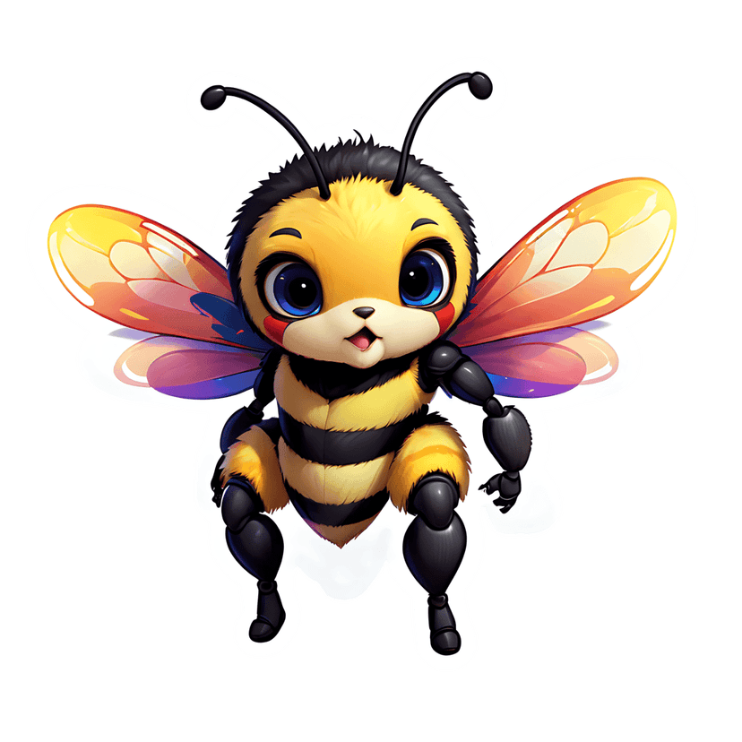 Chibi bee diecut character featuring yellow black stripes, iridescent wings, and glossy blue eyes on a white border.