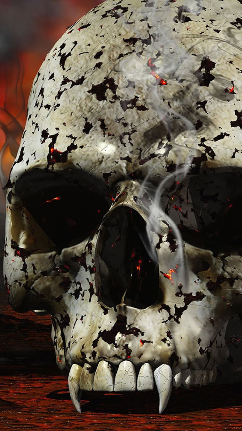 Human skull with glowing red fissures, vampire fangs, and white smoke wisps against a dark crimson background.