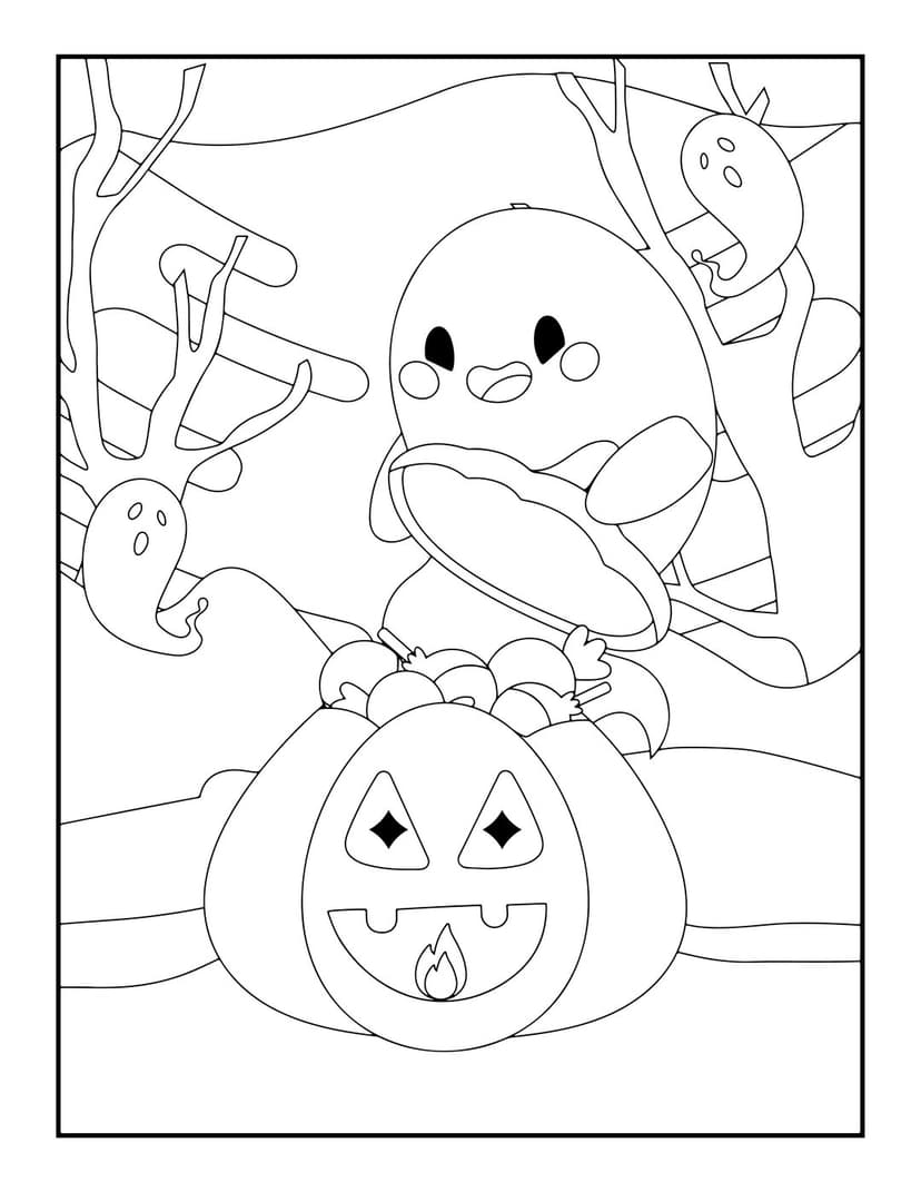 Halloween coloring page featuring a ghost on candy, a Jack-o'-lantern, and spooky trees in black line art.