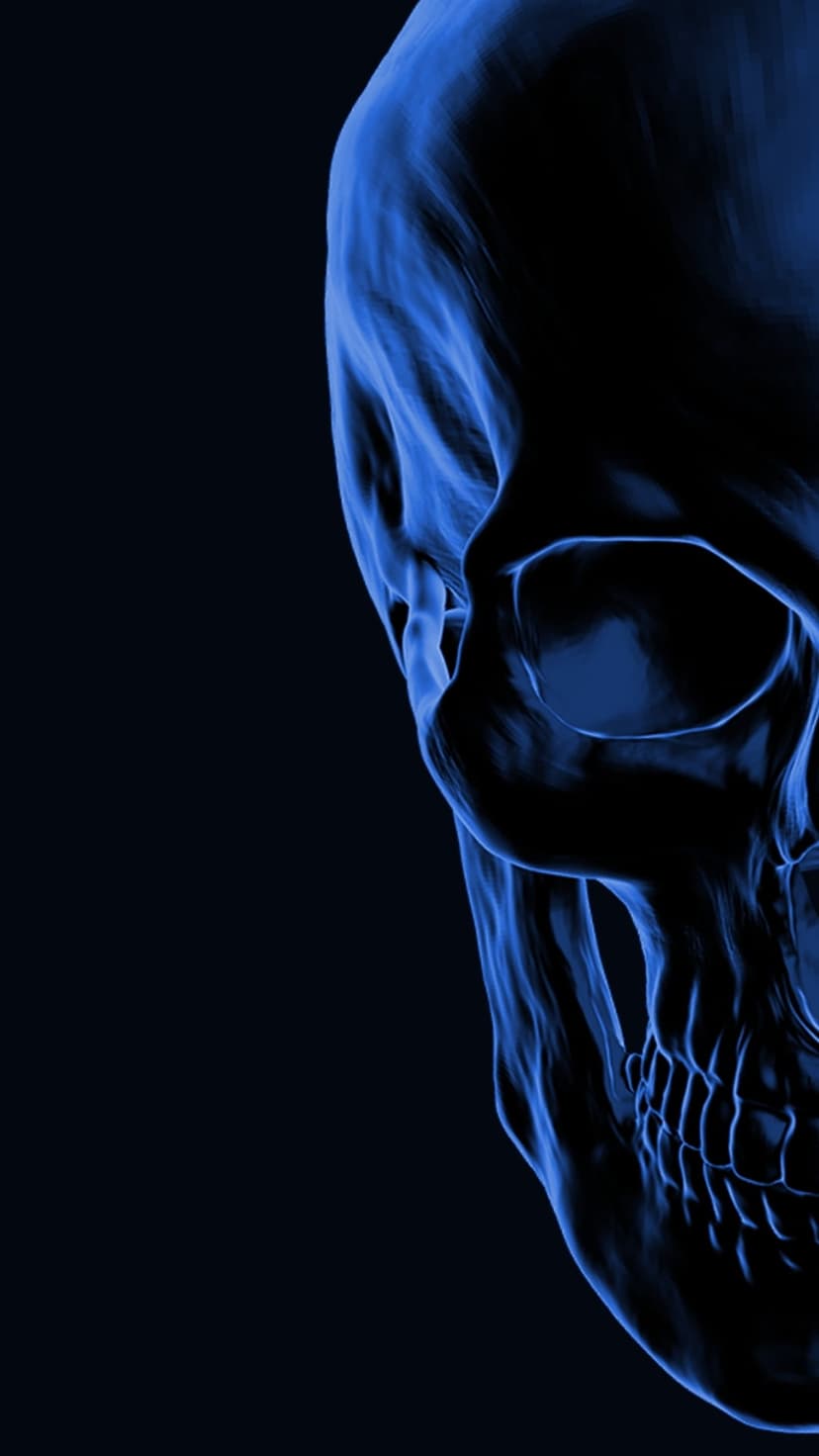 Side-profile skull with glowing blue neon outlines and electric light highlights against a dark black background.