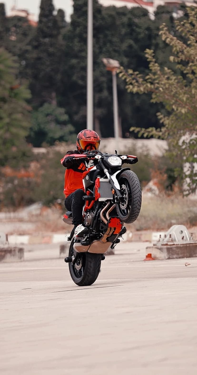 Motorcyclist in red gear performs a high wheelie on a sportbike against a backdrop of trees and a city street.