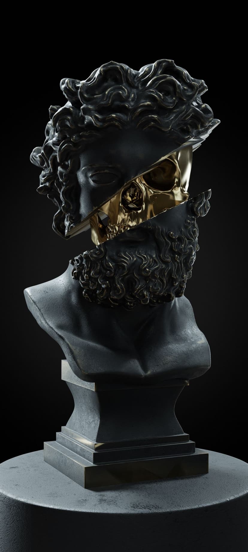 Golden skull encased in a fragmented white marble bust sculpture isolated against a solid black background.