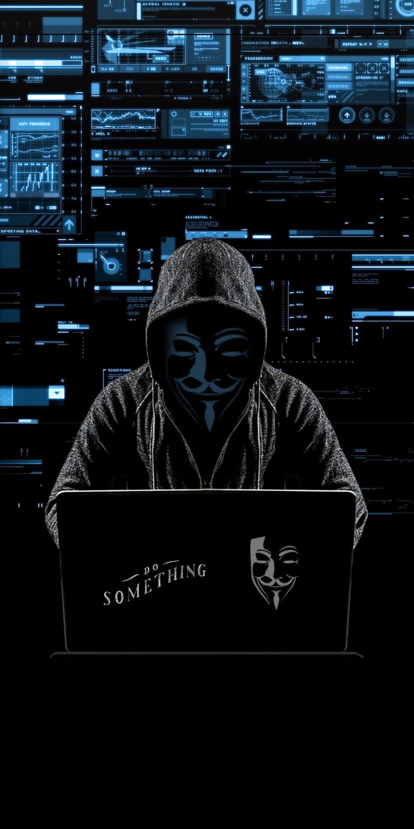 Masked figure in a black hoodie sits before a laptop surrounded by glowing blue lines of computer code and data.