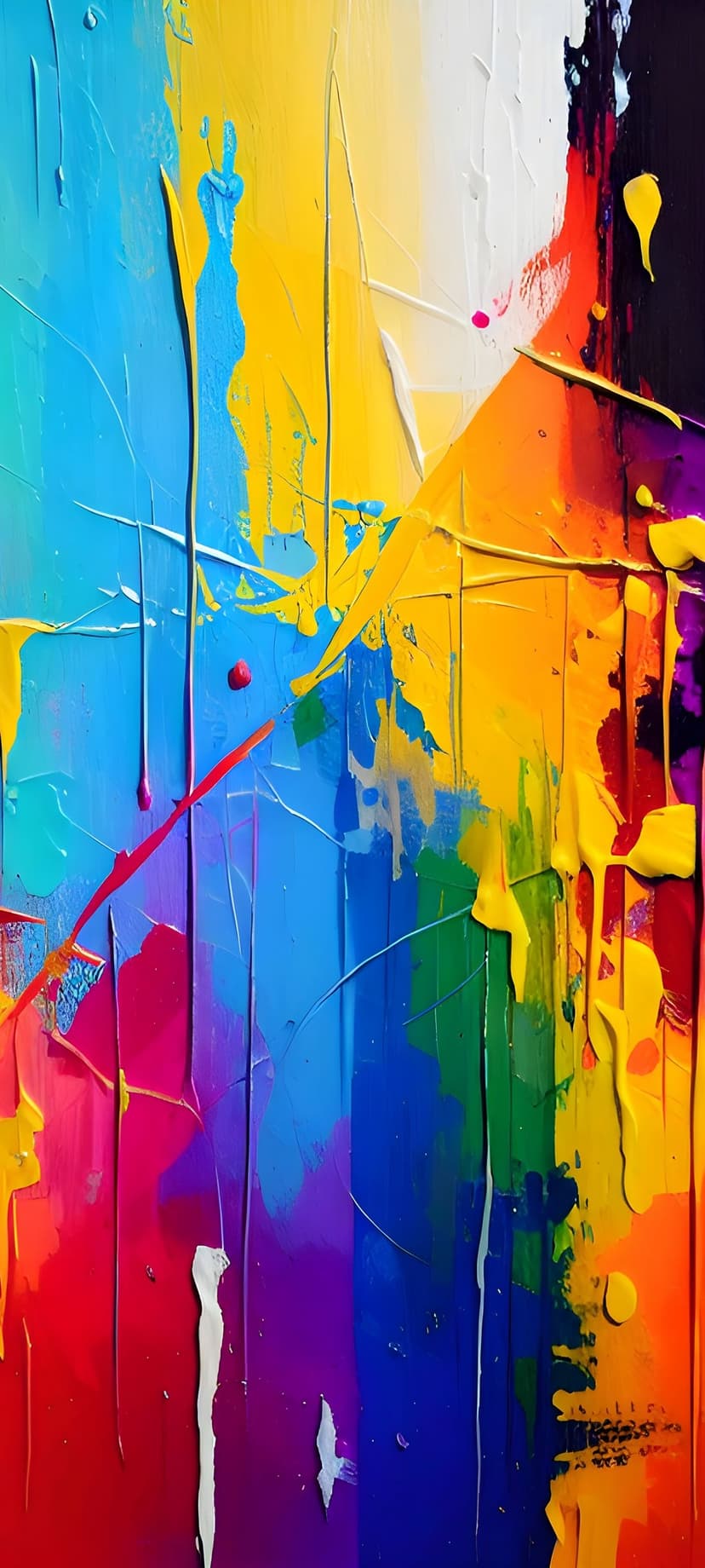 Thick vertical strokes of multicolored paint overlap with heavy texture and visible palette knife ridges.