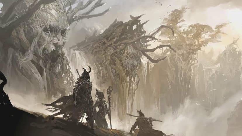 Three warriors stand on a cliff before a giant face formed from ancient tree roots and waterfalls in mist.