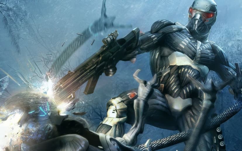 Nanosuit soldier firing a rifle at an alien amidst blue frozen jungle foliage and glowing sparks.