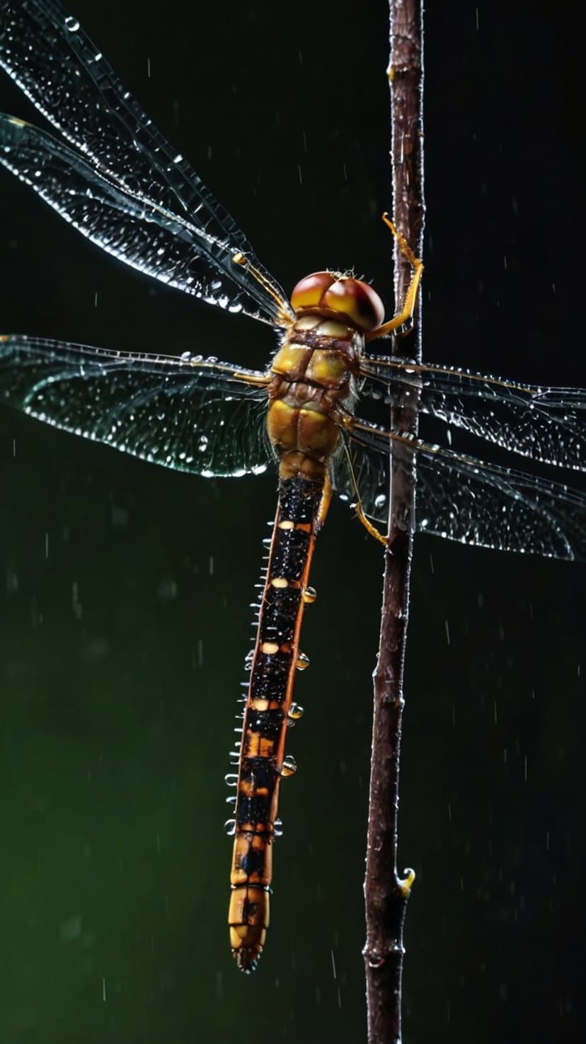 Yellow dragonfly with water droplets on its wings perched on a wet branch against a dark, blurred background.
