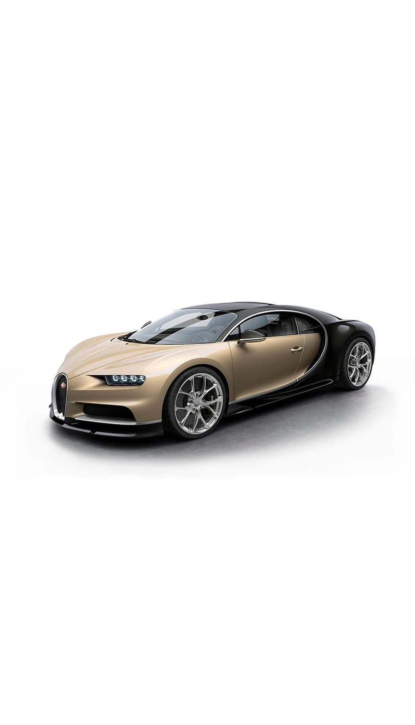 Bugatti Chiron hypercar with champagne gold and black exterior parked in a minimalist bright white studio setting.