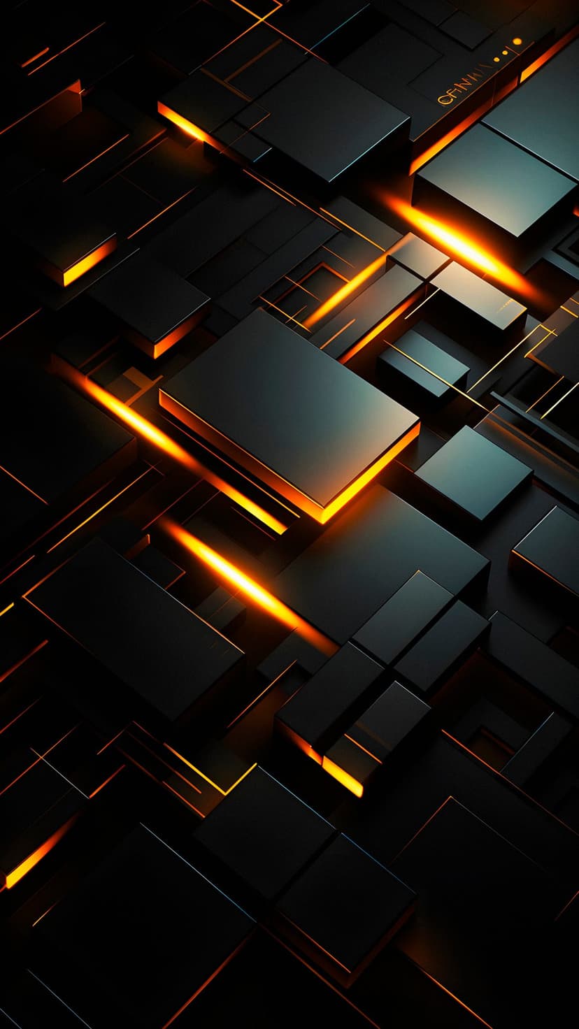 Interlocking black cubes featuring glowing orange edges and recessed lighting within a dark futuristic grid.