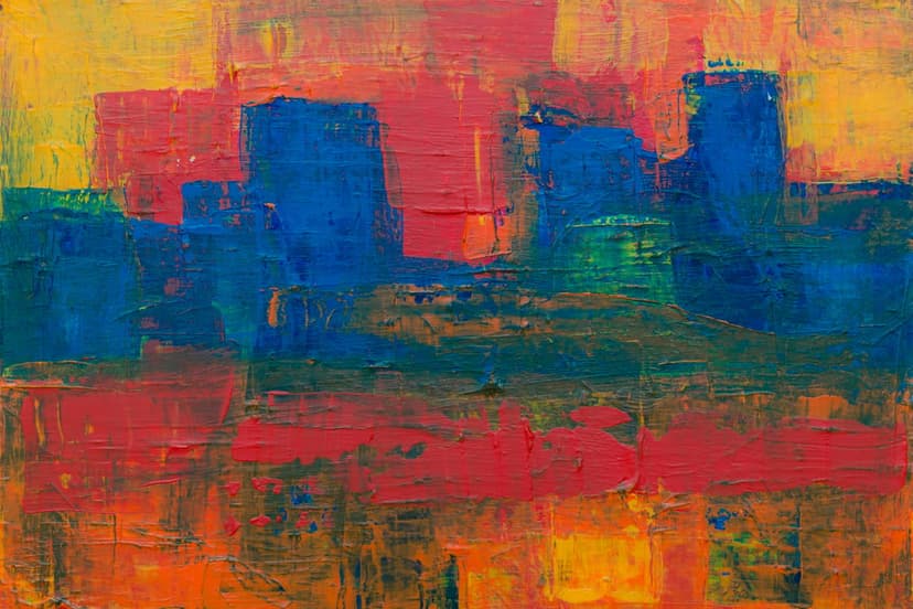 Thick red, yellow, and blue paint strokes form an abstract urban skyline with heavy textures and vertical lines.
