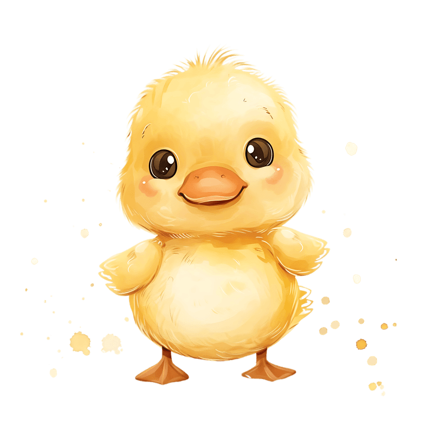 Yellow baby duckling watercolor illustration with ink splatters and large eyes on transparent background.