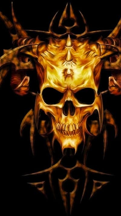 Gold Demon Skull With Fiery Horns Tribal Phone Wallpaper